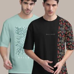 Bullmer Neo Mint Green & Black Cotton Oversized Fit Printed T-Shirt - Pack Of 2-picture-4