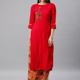 Kvsfab Women Red & Orange Embroidered Kurta with Palazzos-image-39