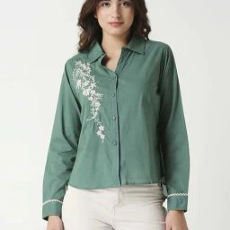 Remanika Green Cotton Embroidered Shirt-image-81