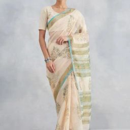 Fabindia Beige & Gold Floral Print Sarees-picture-6