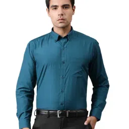 English Navy Teal Blue Slim Fit Shirt-image-89