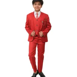 Ahhaaaa Kids Red Solid Coat, Waistcoat, Shirt, Pants with Tie-30