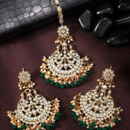 Peora Green Maang Tikka with Earrings-image-23