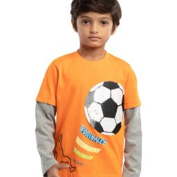 Under Fourteen Only Kids Orange & Grey Cotton Embellished Full Sleeves T-Shirt-image-1