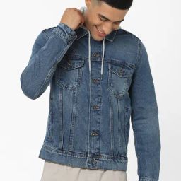 Celio* Blue Cotton Regular Fit Hooded Denim Jackets-image-18