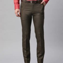 ManQ Dark Brown Slim Fit Flat Front Trousers-image-1