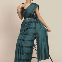 Ishin Green Striped Saree With Unstitched Blouse-picture-28
