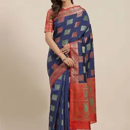 Blissta Navy & Red Woven Saree With Unstitched Blouse-image-46