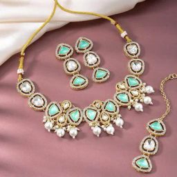 Peora Gold Plated Synthetic Stone & Beads Necklace Drop Earrings Maangtikka Jewellery Set-image-59