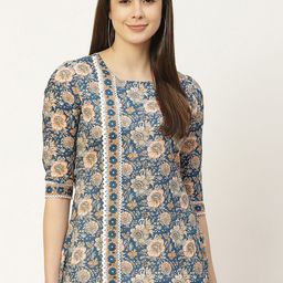 FABRIC FITOOR Teal Blue & Beige Pure Cotton Floral Print Top-picture-46
