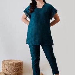 The Kaftan Company Teal Nylon Self Night Dress-image-99