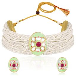 Peora Gold Plated Synthetic Stone & Beads Necklace Stud Earrings Jewellery Set-image-99