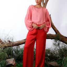 omana by ranjana bothra Pink & Red Meraki Color-Block Pearl Beaded Jumpsuit image 3
