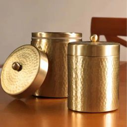 Peepul Tree Gold Brass Hammered Jar With Lid For Tea, Sugar & Spice (900ml) - Set of 2-27