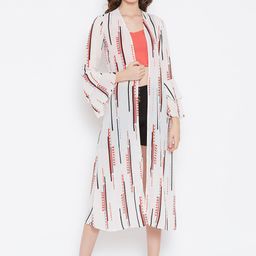 Zastraa Women Cream-Coloured & Pink Printed Open Front Shrug-4