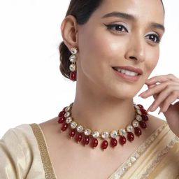Peora Maroon Necklace with Earring Set-image-8