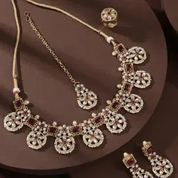 Zaveri Pearls Pink Kundan & Austrian Diamonds Necklace Earring Maangtikka & Ring Set-ZPFK16528-image-88