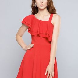 Veni Vidi Vici Women Red Solid One-Shoulder Fit and Flare Dress-picture-1
