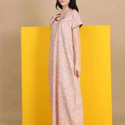 Sweet Dreams Peach Cotton Regular Fit Floral Print Night Dress-image-93