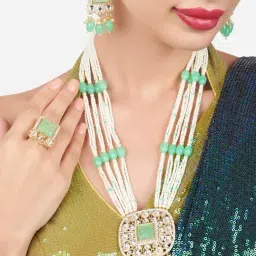 Zaveri Pearls Green Multistrand Beaded Kundan Bridal Long Necklace Earring & Ring Set-ZPFK16202-image-63