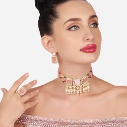 Zaveri Pearls Multi Colour Multistrand Choker Necklace Earring & Ring Set-ZPFK16179-8