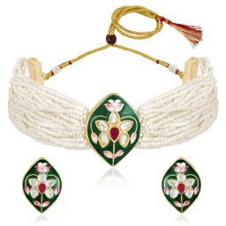 Peora Gold Plated Synthetic Stone & Beads Meenakari Necklace Stud Earrings Jewellery Set-image-71