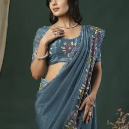 Saree Mall Blue Organza Embroidery Saree with Blouse Piece-image-42