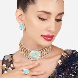 Zaveri Pearls Turquoise Enamel Kundan Crescent Choker Necklace Earring Maangtikka Ring Set-ZPFK16178-image-68