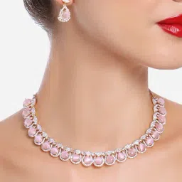 Zaveri Pearls Pink Cubic Zirconia Designer Brass Contemporary Necklace & Earring Set-ZPFK16517-image-50