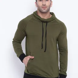 GRITSTONES Men Olive Green Solid Hooded Sweatshirt-picture-13