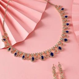 Zaveri Pearls Navy Blue Cubic Zirconia Designer Brass Contemporary Necklace & Earring Set-ZPFK16518-15