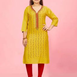 Aarika Kids Yellow & Red Cotton Embroidered Kurti Set-image-44