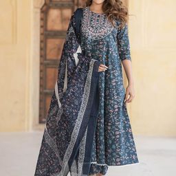 KALINI Women Floral Embroidered Regular Thread Work Pure Cotton Kurta with Trousers & With Dupatta-58