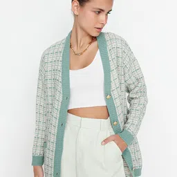 Trendyol Women Green & Grey Checked Checked Longline Cardigan-image-87