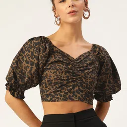 Antheaa Black & Olive Green Animal Print Crop Top-52