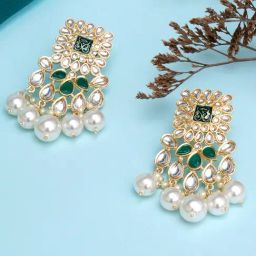 Karatcart Gold-Plated Green and Pearl Dangler Earrings-36
