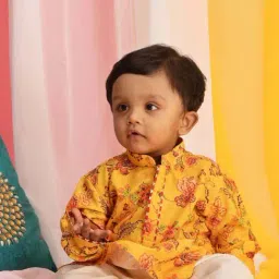VASTRAMAY Boys Mustard & Cream Floral Full Sleeves Kurta Sets-image-63