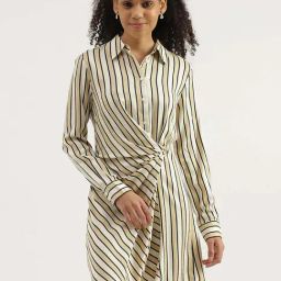 United Colors of Benetton White & Beige Striped Shirt Dress-8
