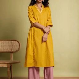 Taneira Yellow Cotton Regular Fit Embroidered Kurtas-picture-17