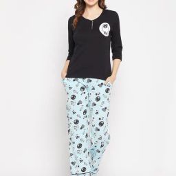 Clovia Black & Blue Cotton Printed Top With Pyjamas-image-9