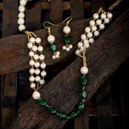 Saraf RS Jewellery Layered White & Green Pearls Beaded Mala Jewellery Set with Earrings-image-23