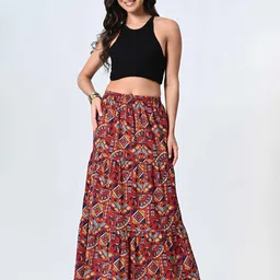 BAESD Women Tiered Ethnic Motifs Printed Flared Maxi Skirt-picture-4
