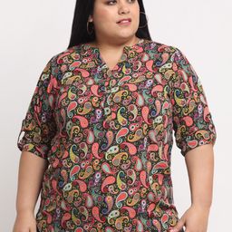 plusS Size Women Multicoloured Print Mandarin Collar Roll-Up Sleeves Top-33