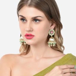 Zaveri Pearls Green & Pink Meenakari Kundan & Cluster Beads Jhumki Earring-ZPFK14715-37