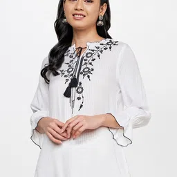 Global Desi Women Off White Floral Embroidered Tie-Up Neck Top-picture-27