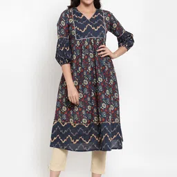 Indibelle Women Blue & Beige Printed Kurta with Trousers-picture-29