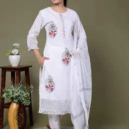 MF Hayat Women Floral Block Printed Pure Cotton Schiffli Kurti with Pyjamas & Dupatta-image-24