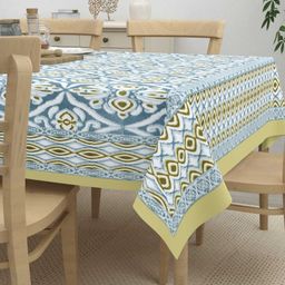 HOME AFFAIRS Blue & White Ethnic Motifs Rectangle Cotton 6-Seater Table Cover-12