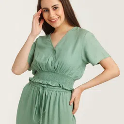Zink London Women Green Solid Smocked Top-image-2