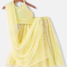 Babyhug Sleeveless Halter Neck Sequenced Choli With Sequinned Lehenga And Dupatta- Yellow-image-18